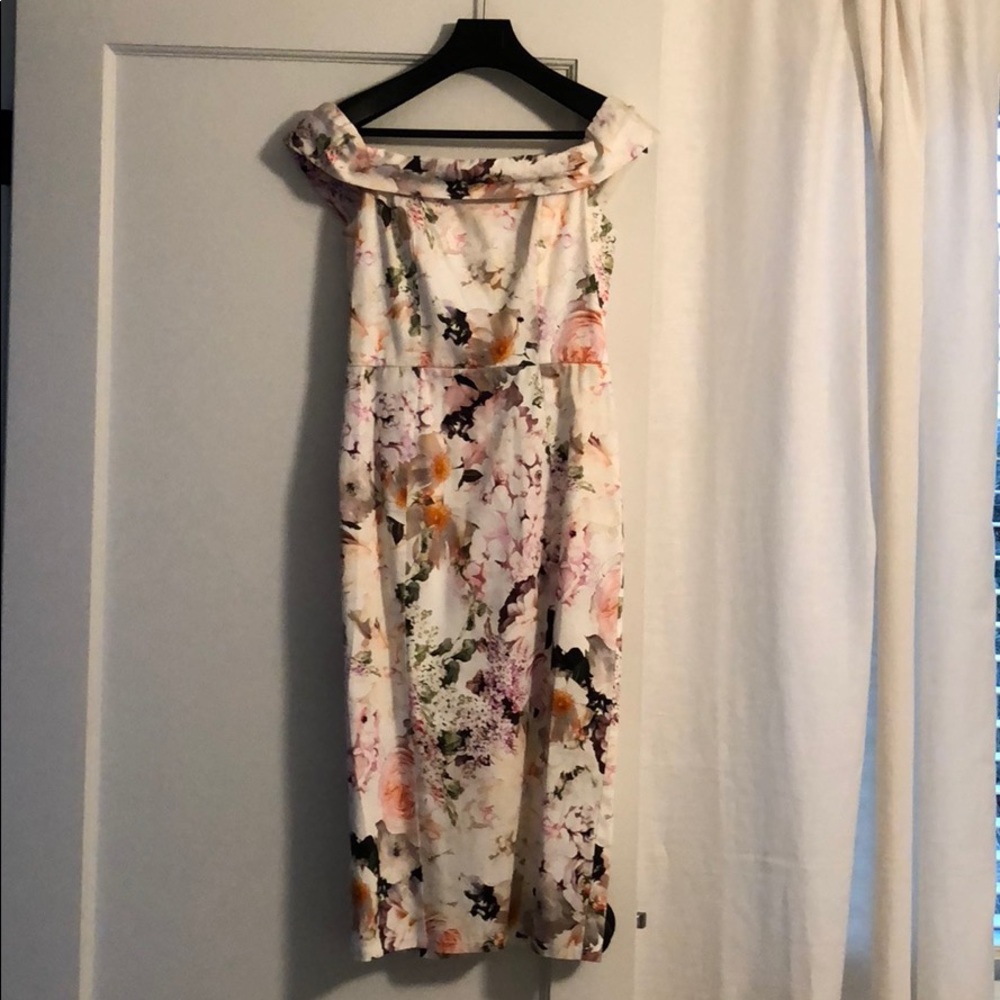 Off the shoulder midi dress.